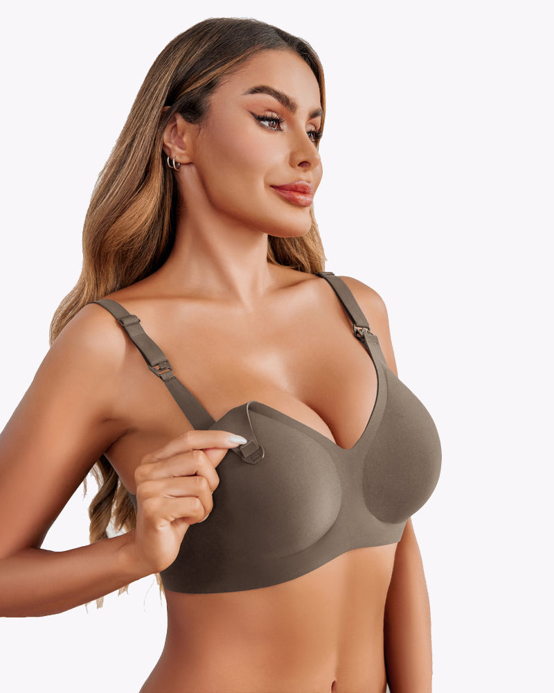 Olive green seamless maternity bra, easy nursing buckle, comfortable and soft, for new moms.