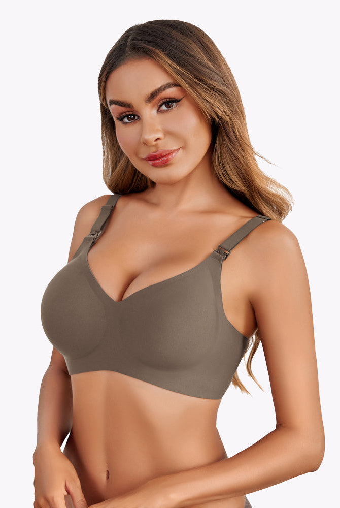 Olive green seamless maternity bra, comfortable and soft, for new moms. Model wearing seamless bra
