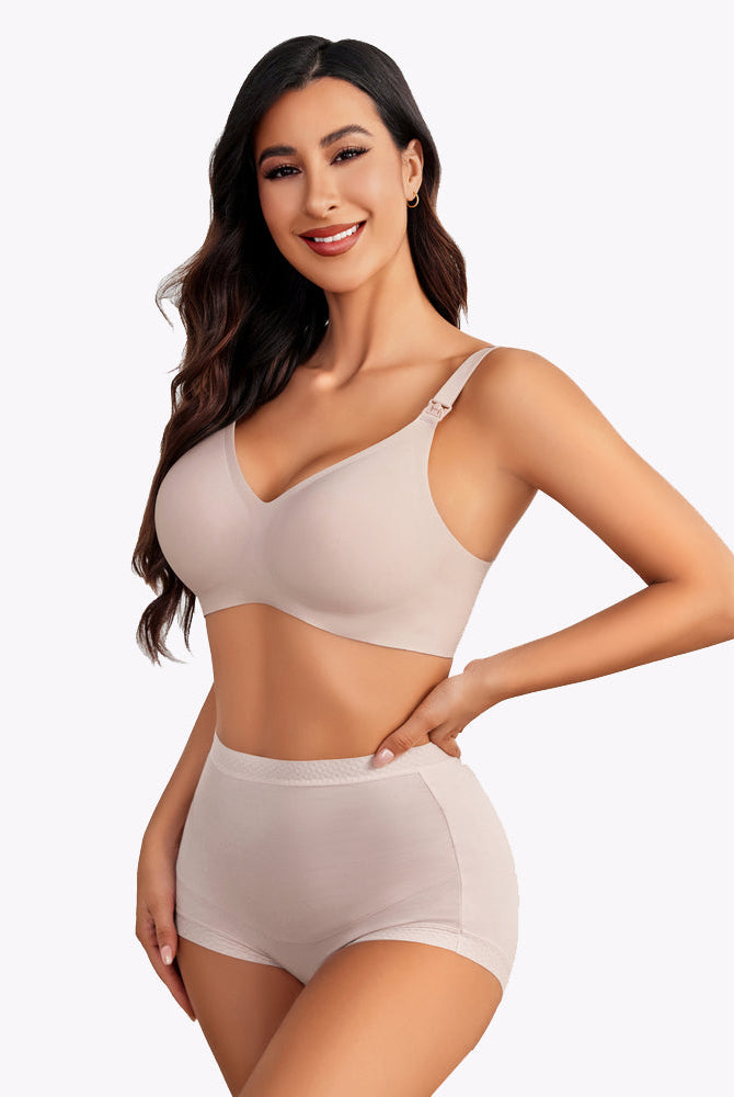 Seamless beige maternity nursing bra and shorts with easy nursing buckle, comfortable and soft