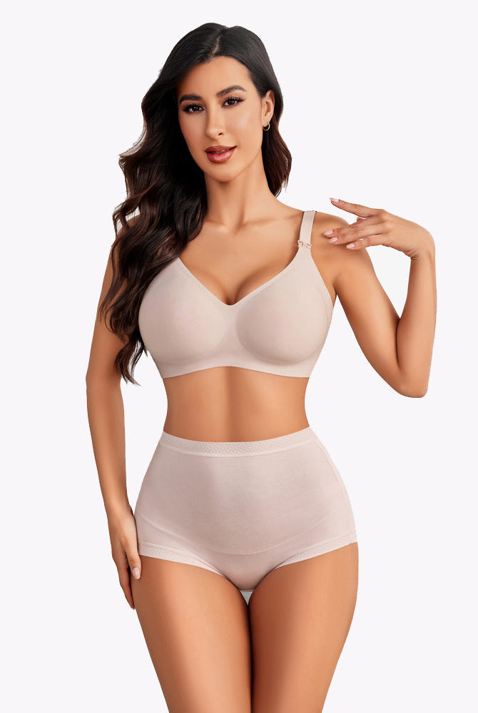 Beige seamless maternity bra and shorts, easy nursing buckle, comfortable for postpartum moms