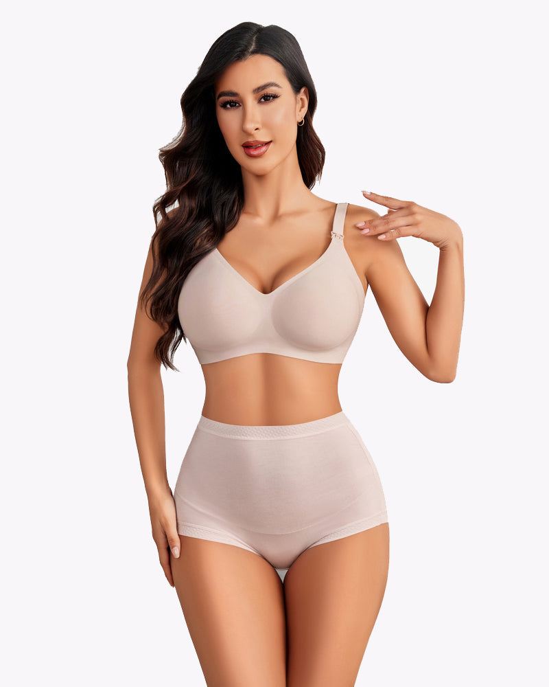Beige seamless nursing bra and shorts, wireless maternity wear for comfortable nursing and moms