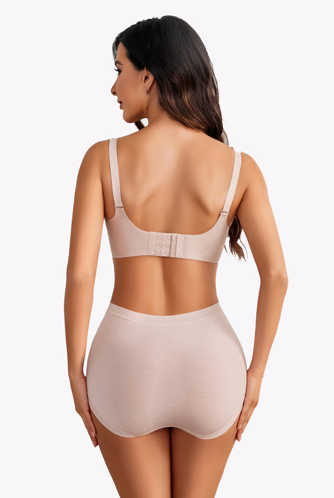 Seamless beige maternity nursing bra and shorts set, comfortable and soft, with nursing buckle