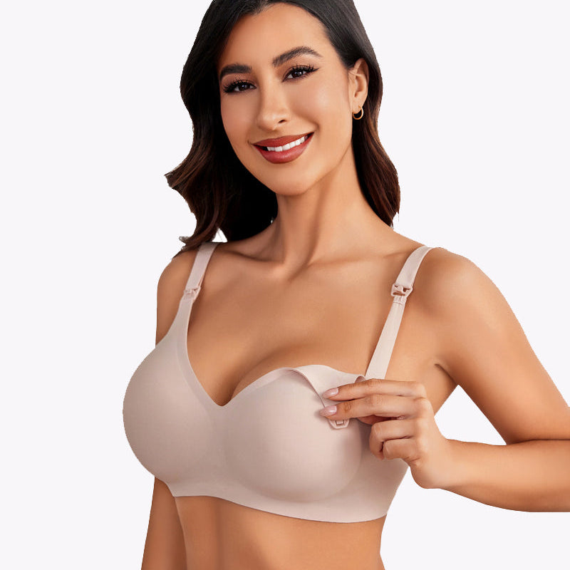 Beige seamless maternity nursing bra with easy nursing buckle, model wearing; comfortable for moms