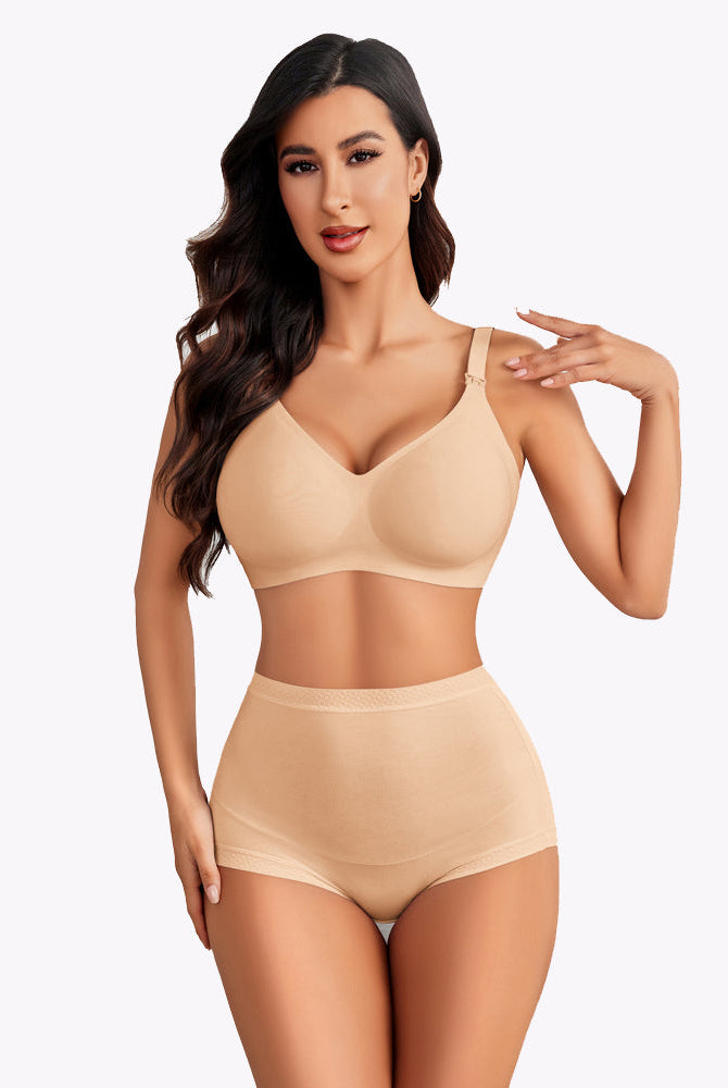 Beige seamless maternity nursing bra and shorts set, comfortable for postpartum moms, easy buckle