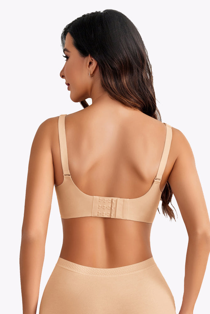 Beige seamless maternity bra, comfortable and soft, with easy nursing closure and adjustable straps