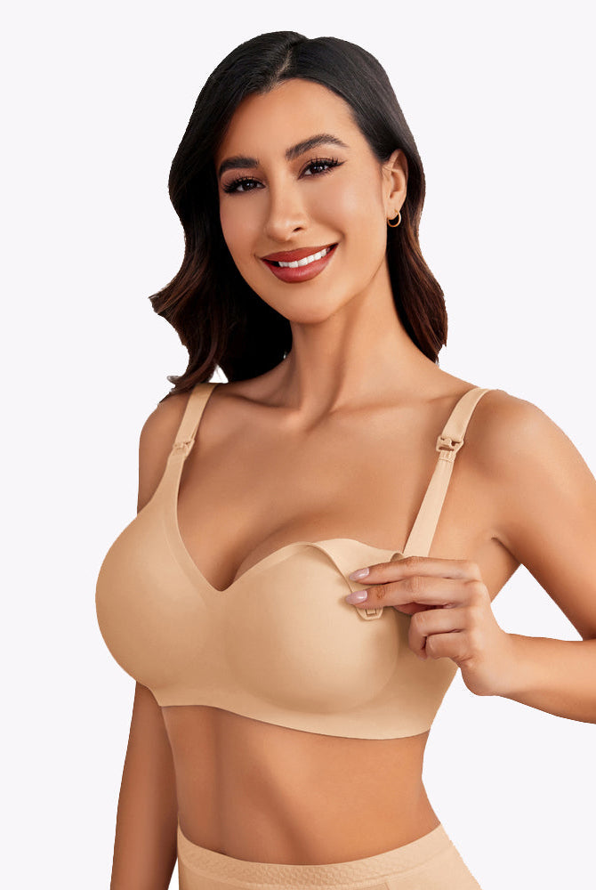 Seamless beige maternity nursing bra, comfortable, soft with easy nursing buckle for moms