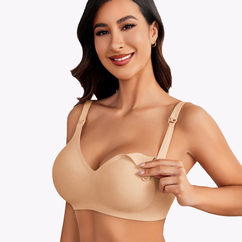 Seamless beige maternity nursing bra, comfortable, soft with easy nursing buckle for moms