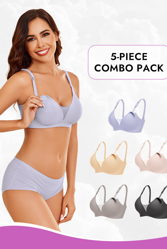 Nursing bra 5-piece combo pack, comfortable wireless support in multiple colors for breastfeeding.