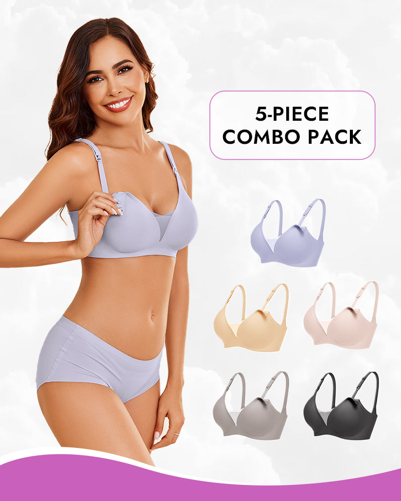 Nursing bra 5-piece combo pack, comfortable wireless support in multiple colors for breastfeeding.