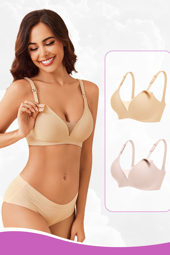 Beige wireless nursing bra for comfortable breastfeeding; beige and pink options.