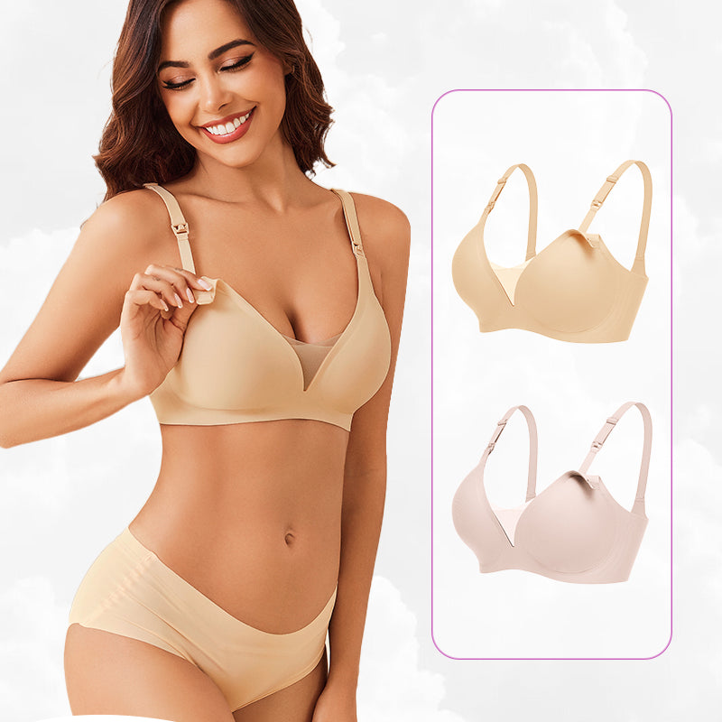 Beige wireless nursing bra for comfortable breastfeeding; beige and pink options.