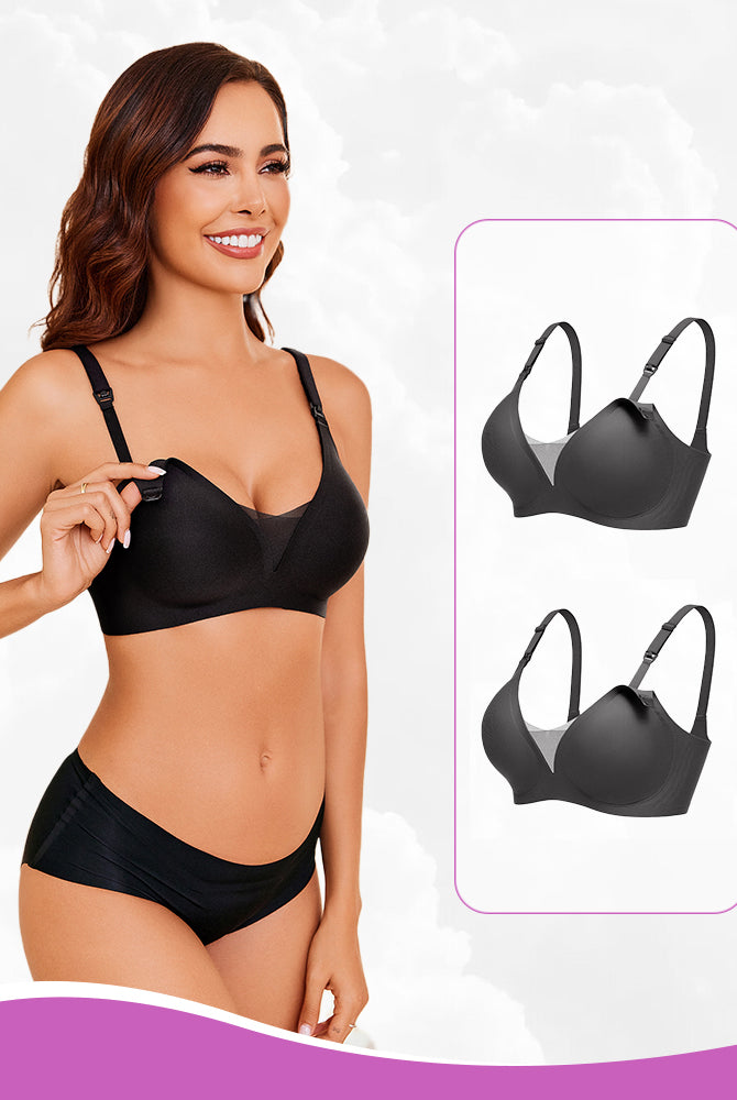 Black wireless nursing bra, designed for comfortable breastfeeding with B-type buckle and support.