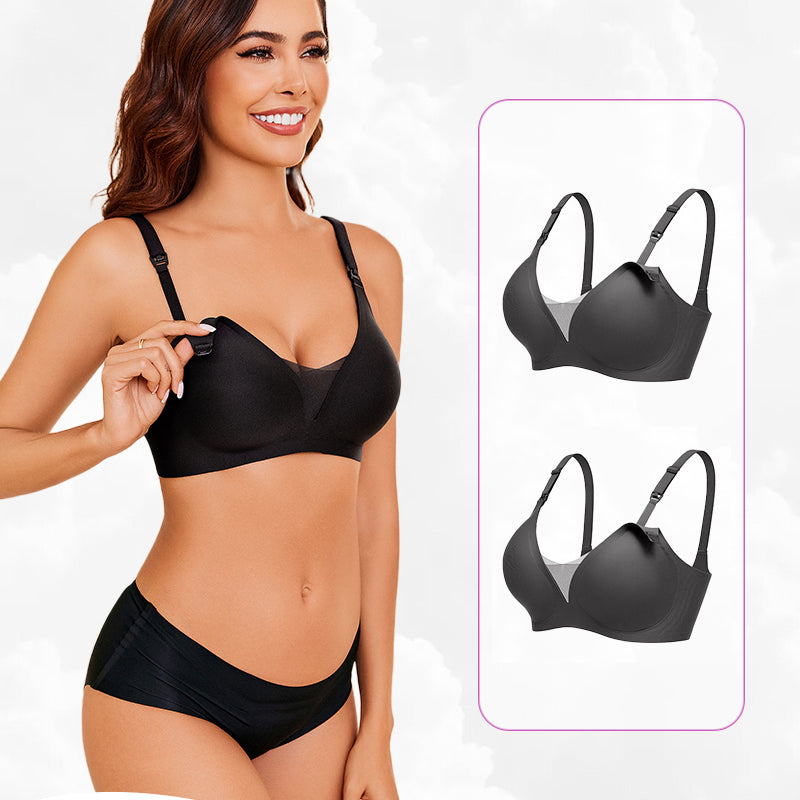 Black wireless nursing bra, designed for comfortable breastfeeding with B-type buckle and support.