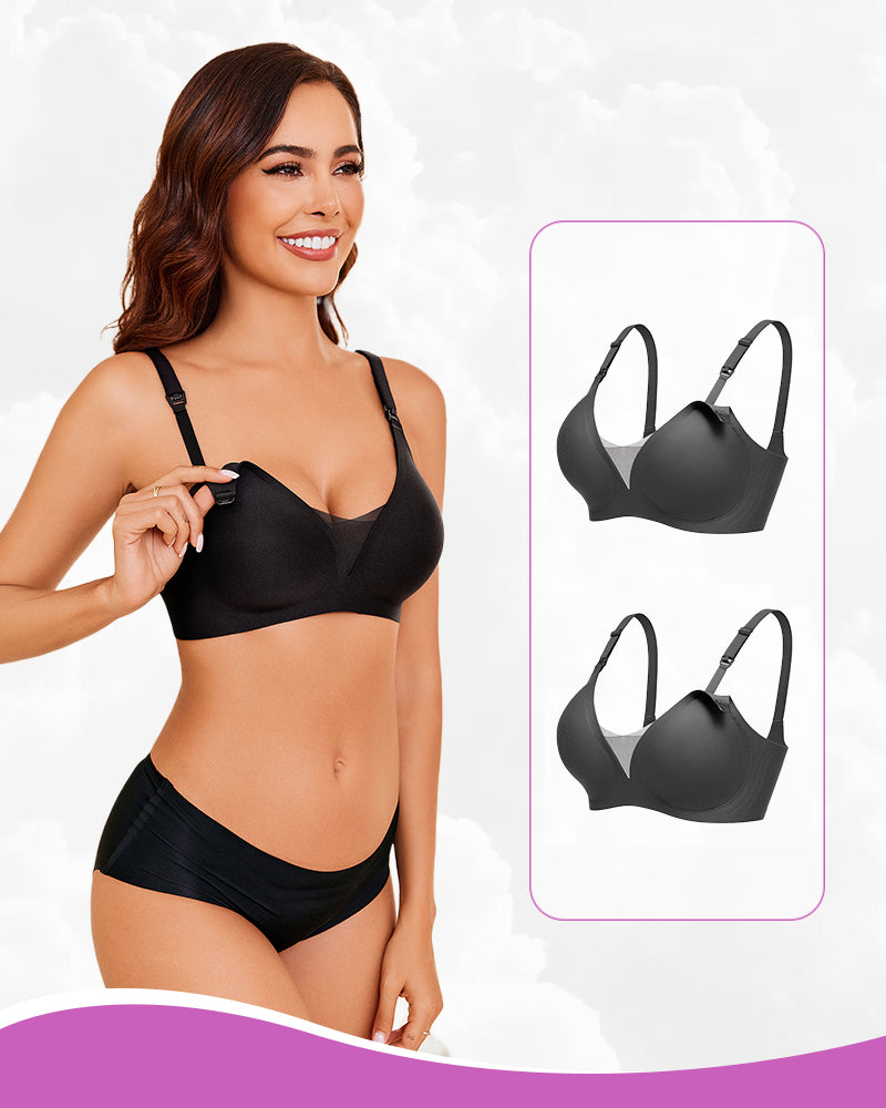 Black wireless nursing bra, designed for comfortable breastfeeding with B-type buckle and support.
