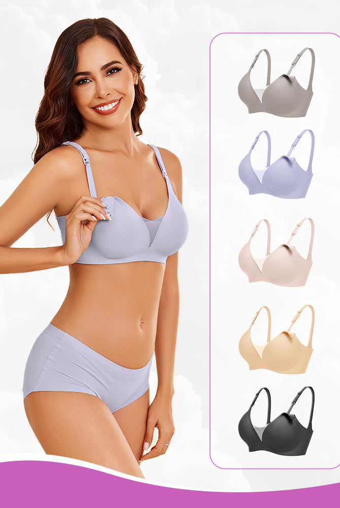 Wireless nursing bra in light purple and additional colors, designed for comfortable breastfeeding.