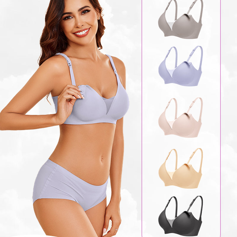 Wireless nursing bra in light purple and additional colors, designed for comfortable breastfeeding.
