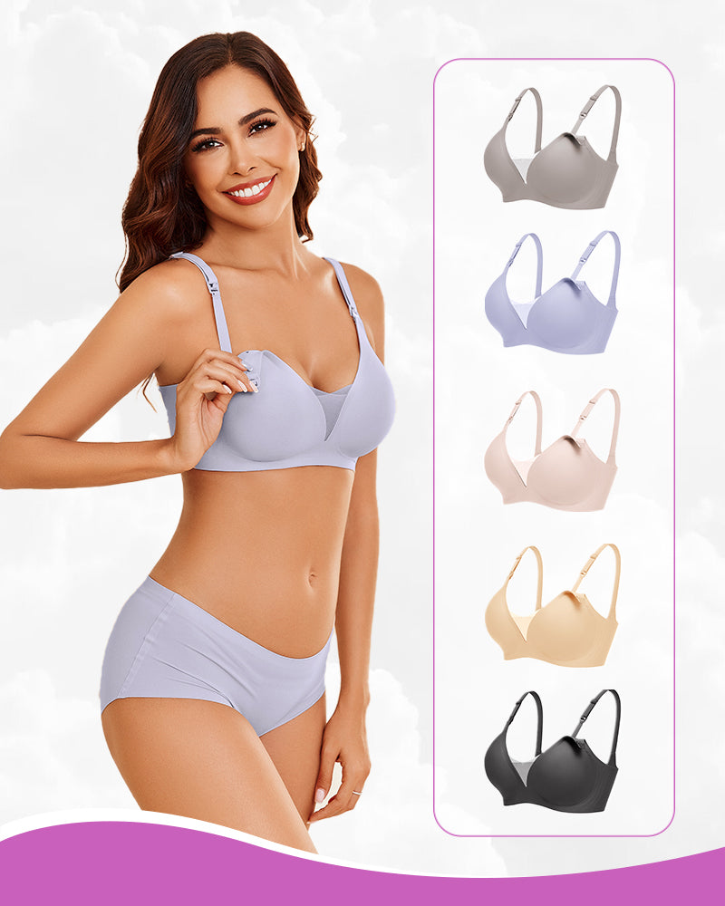 Wireless nursing bra in light purple and additional colors, designed for comfortable breastfeeding.