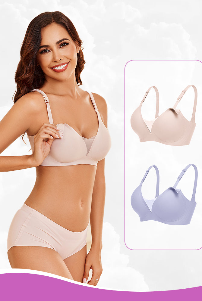 Wireless nursing bra in beige, light purple options, designed for breastfeeding comfort and support.