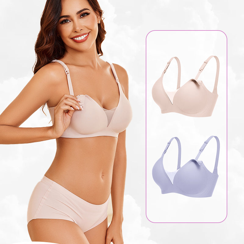 Wireless nursing bra in beige, light purple options, designed for breastfeeding comfort and support.