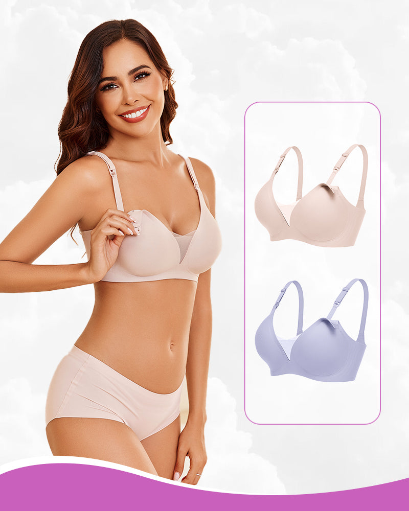 Wireless nursing bra in beige, light purple options, designed for breastfeeding comfort and support.