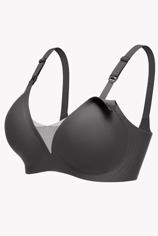 Charcoal grey wireless nursing bra, adjustable straps, easy breastfeeding access.