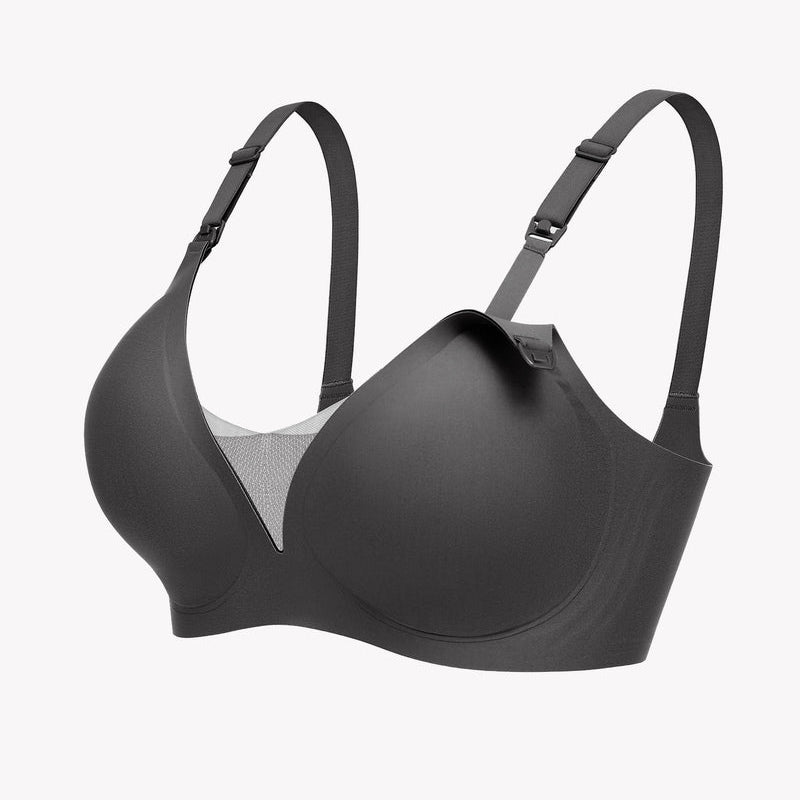 Charcoal grey wireless nursing bra, adjustable straps, easy breastfeeding access.