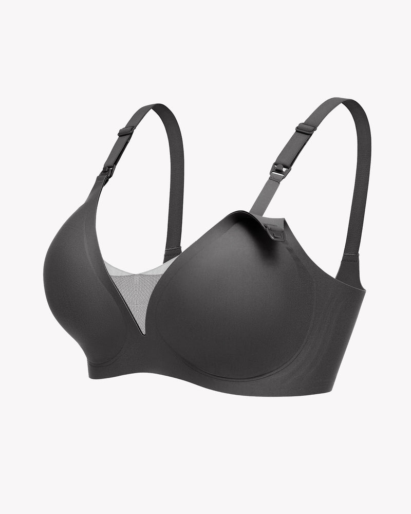 Charcoal grey wireless nursing bra, adjustable straps, easy breastfeeding access.