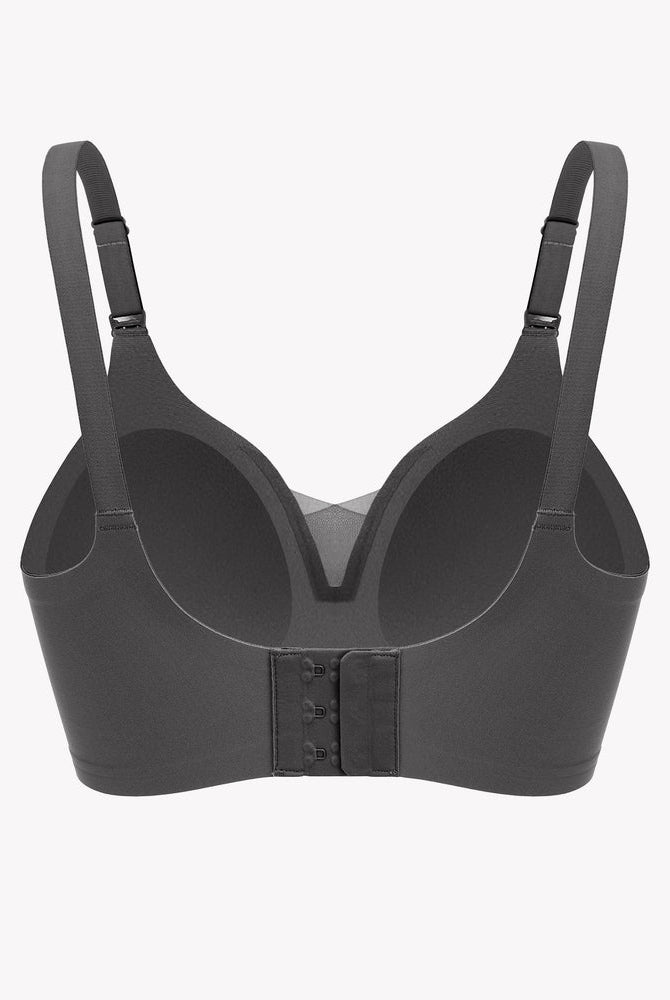 Charcoal grey nursing bra with adjustable straps, designed for discreet breastfeeding.