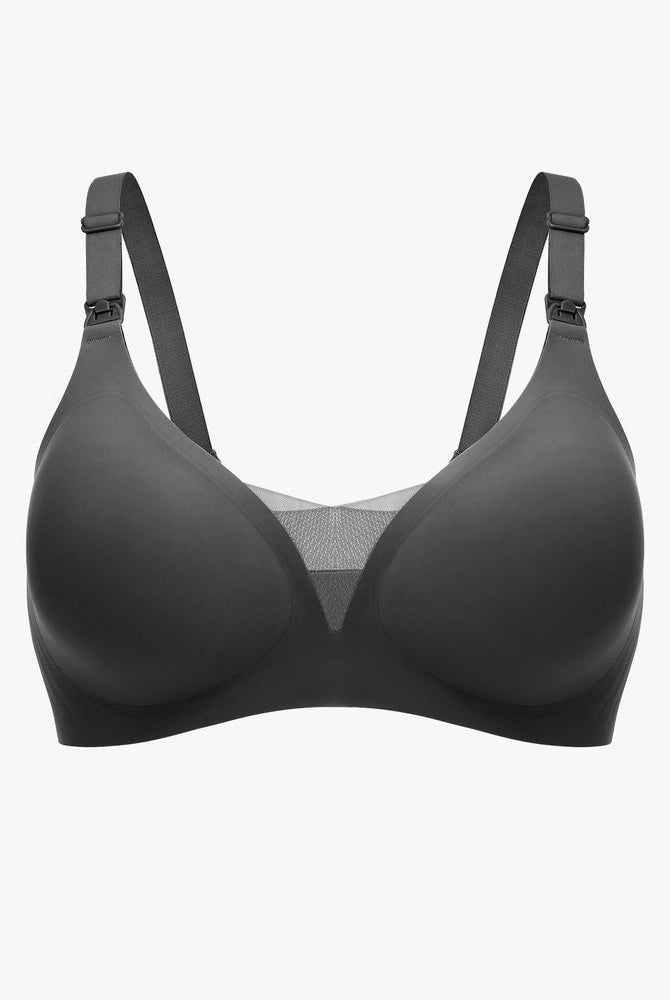 Dark gray wireless nursing bra with breathable mesh panel, designed for comfort and support.