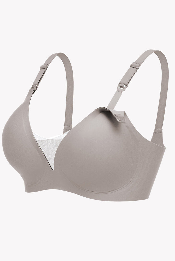Taupe wireless nursing bra with adjustable straps, discreet breastfeeding support.