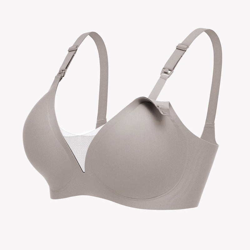 Taupe wireless nursing bra with adjustable straps, discreet breastfeeding support.