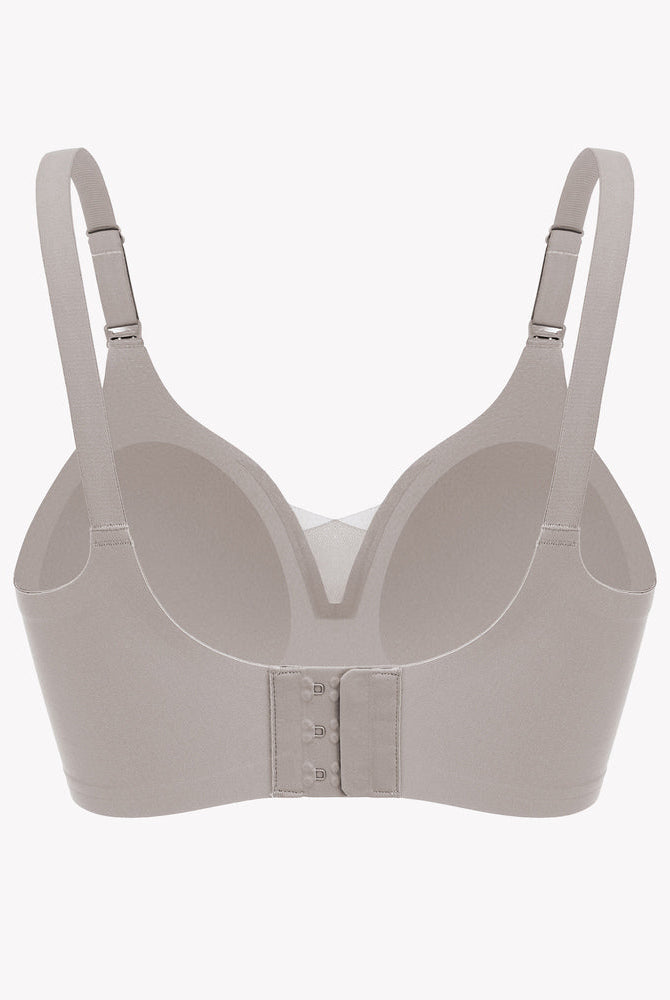 Taupe wireless nursing bra with adjustable straps and breastfeeding access, comfortable design.