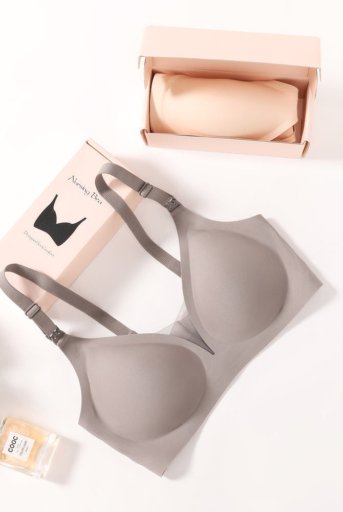 Gray wireless nursing bra. Designed for comfort, discreet breastfeeding support. Adjustable straps.