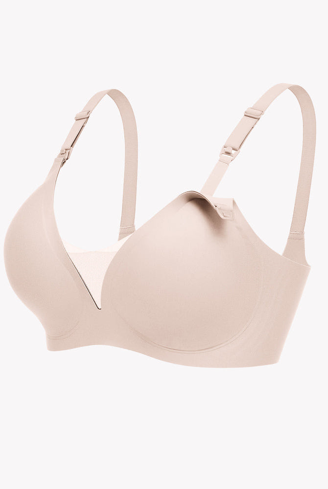 Beige wireless nursing bra with adjustable straps, offering comfortable, discreet breastfeeding.