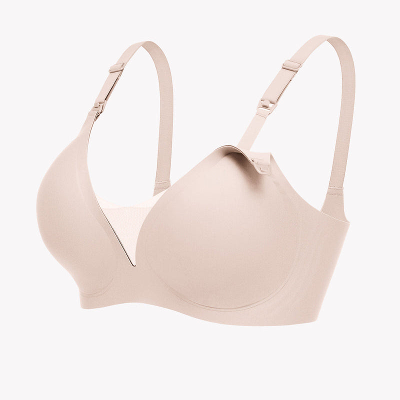 Beige wireless nursing bra with adjustable straps, offering comfortable, discreet breastfeeding.