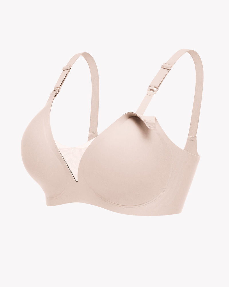 Beige wireless nursing bra with adjustable straps, offering comfortable, discreet breastfeeding.