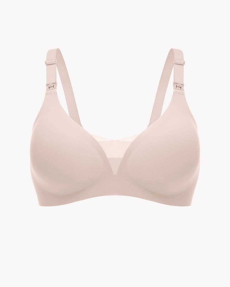 Beige wireless nursing bra with adjustable straps and breastfeeding access, soft and supportive.