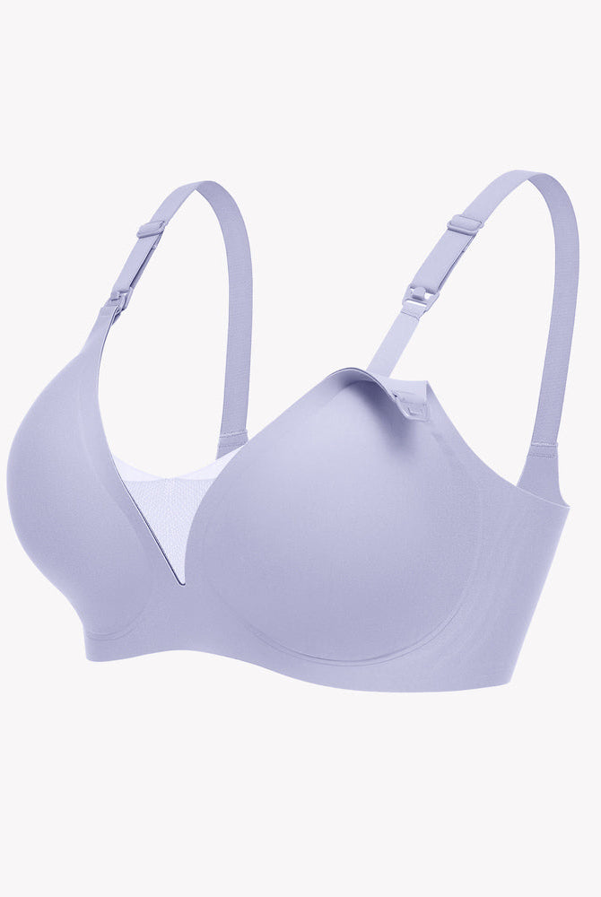 Soft lilac wireless nursing bra, adjustable straps for discreet breastfeeding, comfortable design.