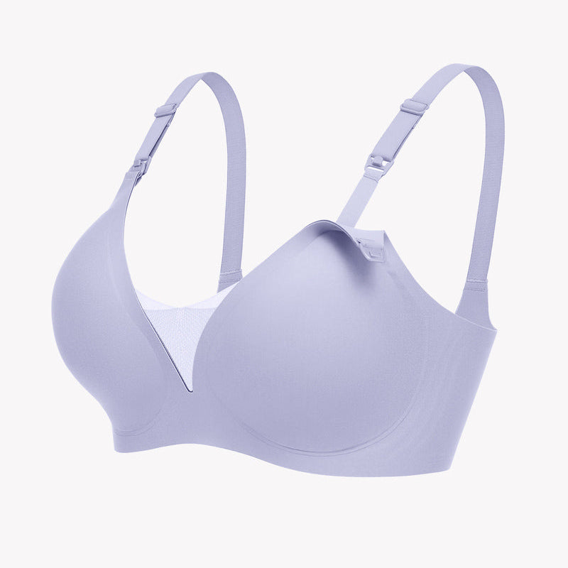 Soft lilac wireless nursing bra, adjustable straps for discreet breastfeeding, comfortable design.