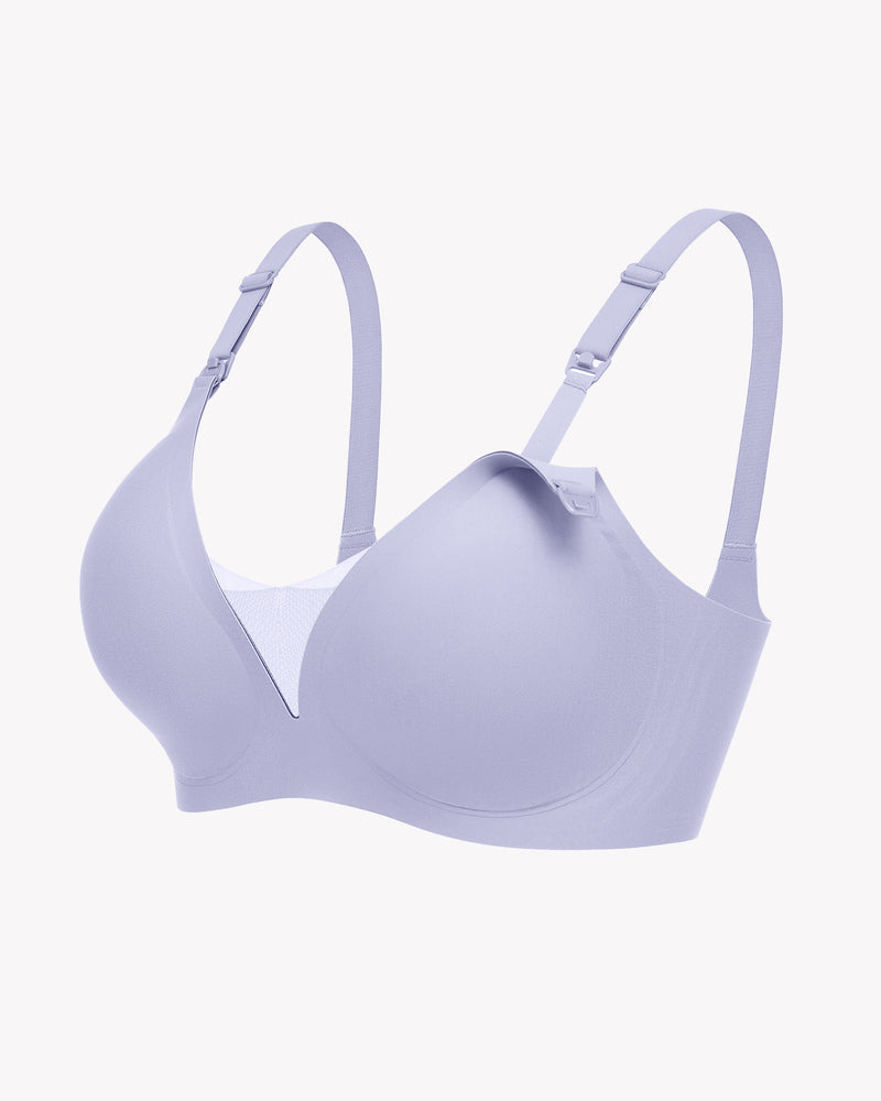 Soft lilac wireless nursing bra, adjustable straps for discreet breastfeeding, comfortable design.