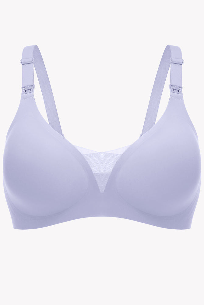 Soft lilac wireless nursing bra with adjustable straps, designed for discreet breastfeeding.
