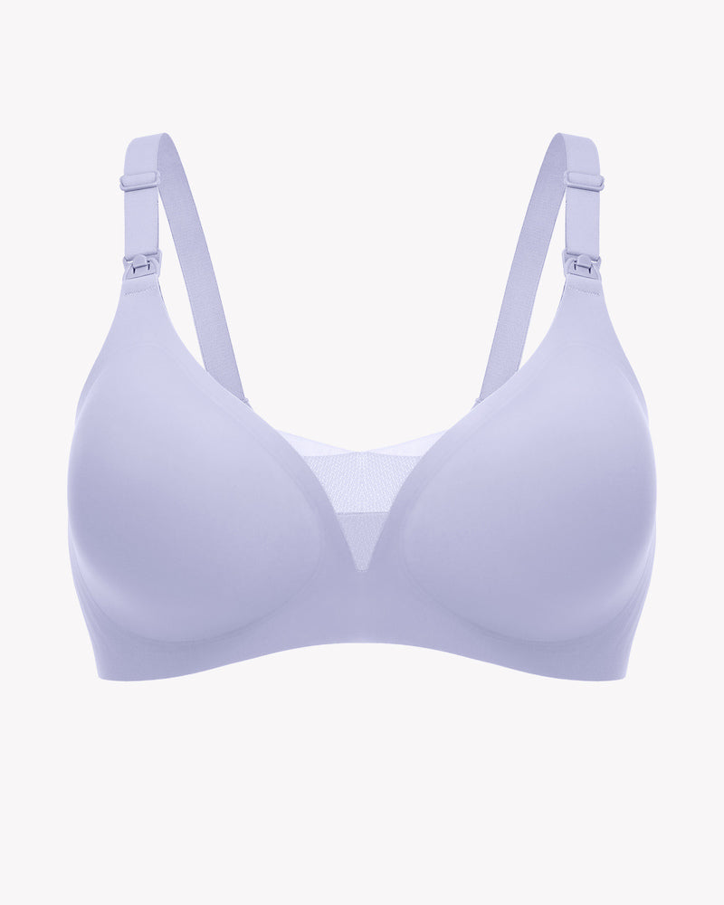 Soft lilac wireless nursing bra with adjustable straps, designed for discreet breastfeeding.