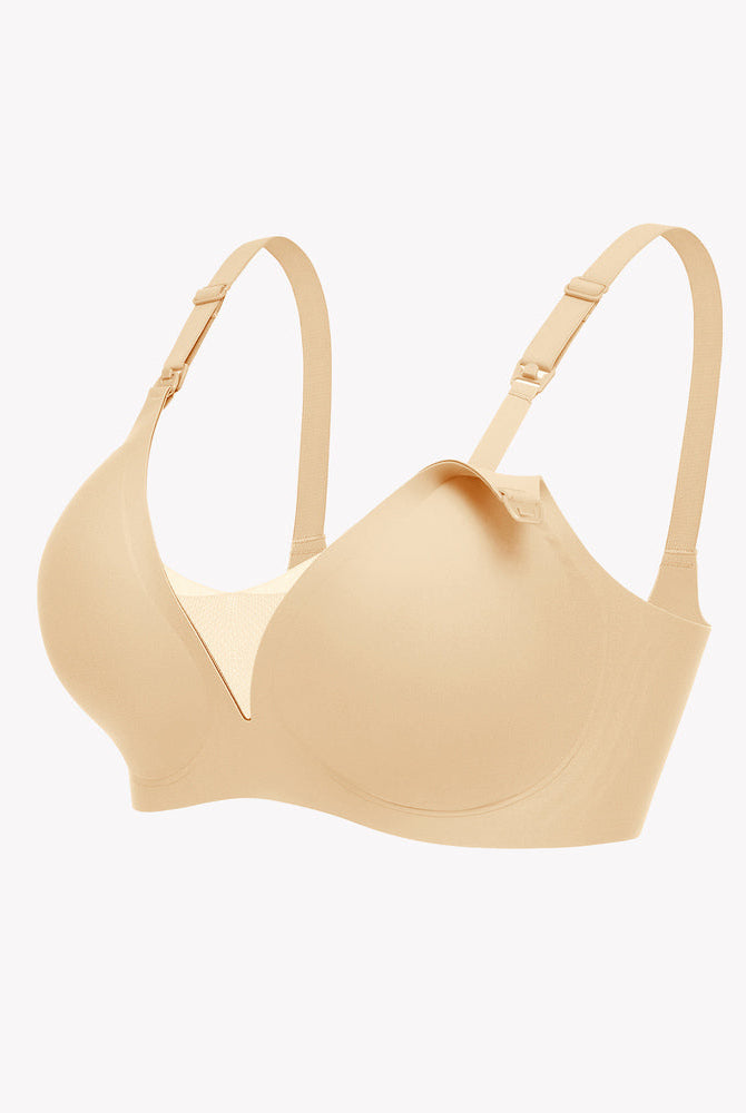Beige wireless nursing bra, adjustable straps, discreet breastfeeding support