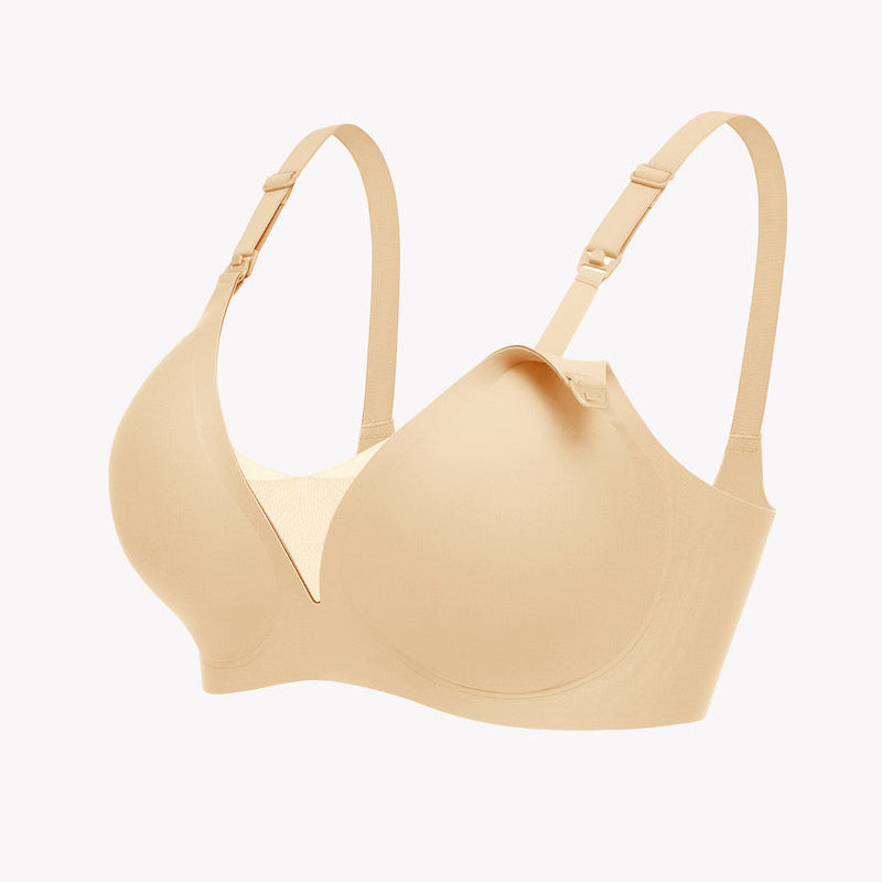 Beige wireless nursing bra, adjustable straps, discreet breastfeeding support