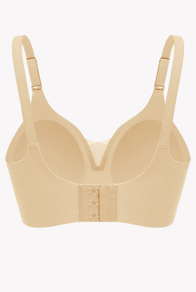 Beige wireless nursing bra back, adjustable straps, discreet breastfeeding access and comfortable