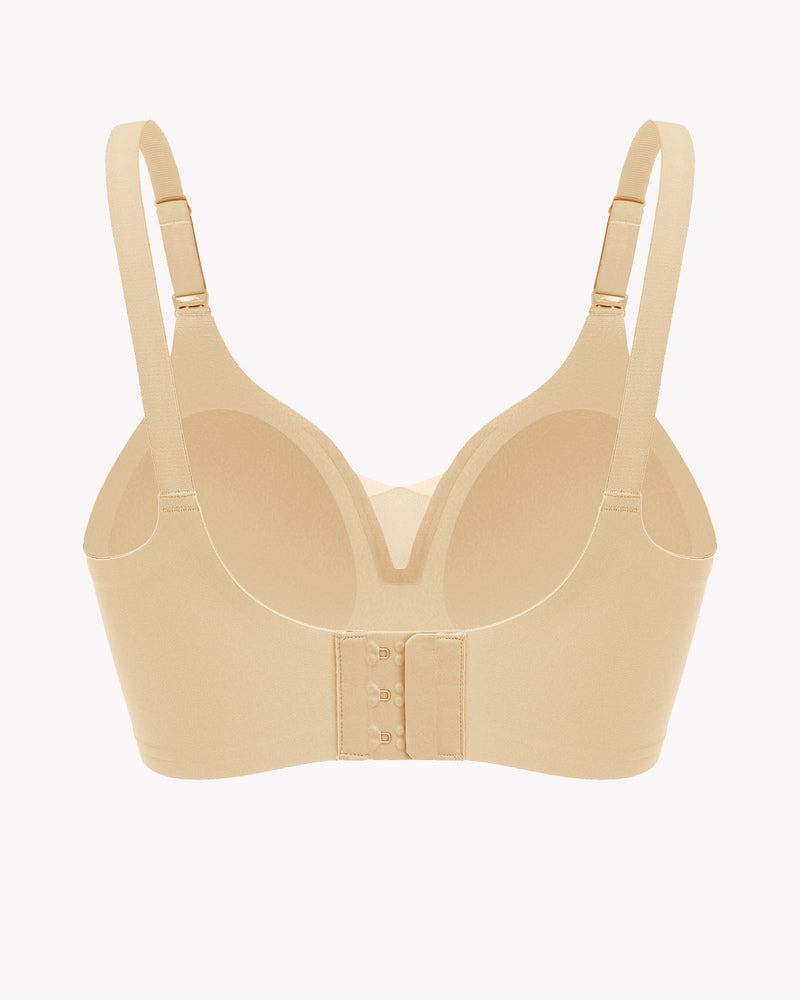 Beige wireless nursing bra back, adjustable straps, discreet breastfeeding access and comfortable
