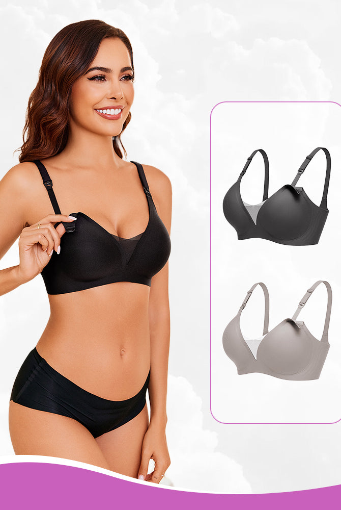 Wireless nursing bra in black; highlighting B-type buckle, black and gray options for breastfeeding.