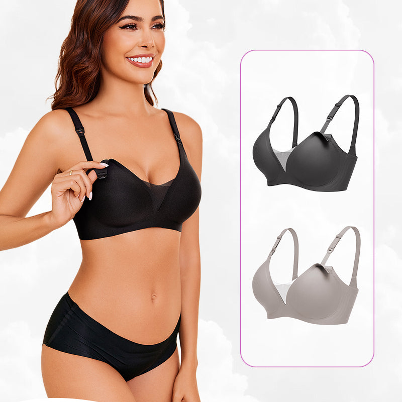 Wireless nursing bra in black; highlighting B-type buckle, black and gray options for breastfeeding.