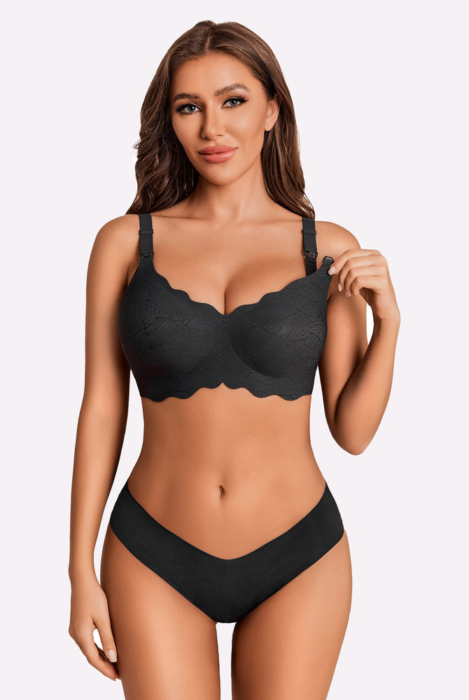 Black maternity nursing bra with floral lace, adjustable straps, easy nursing access