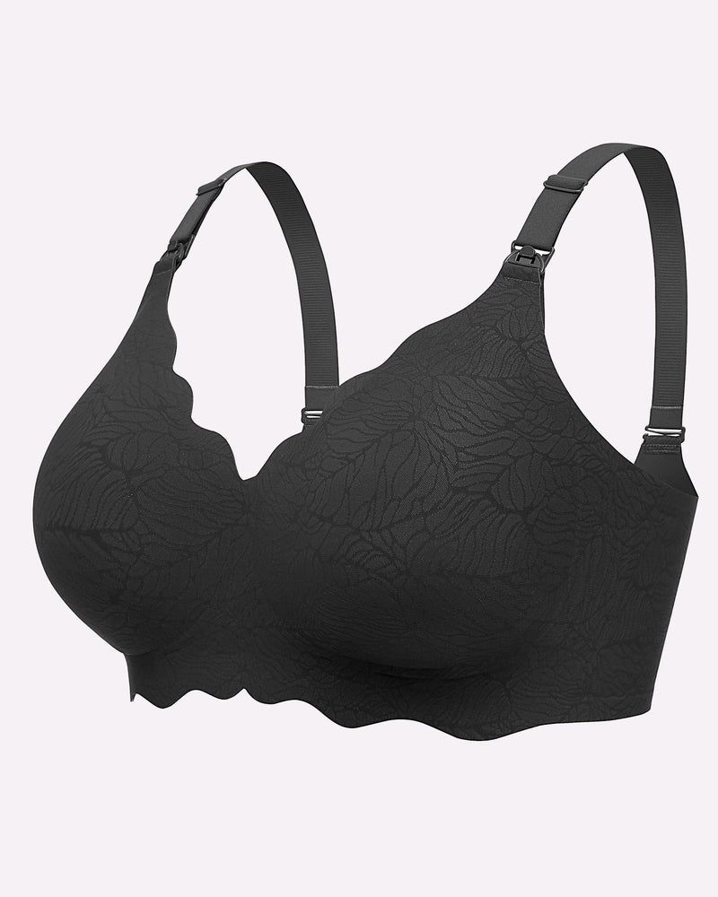 Black seamless nursing bra with floral pattern, adjustable straps, and nursing buckle